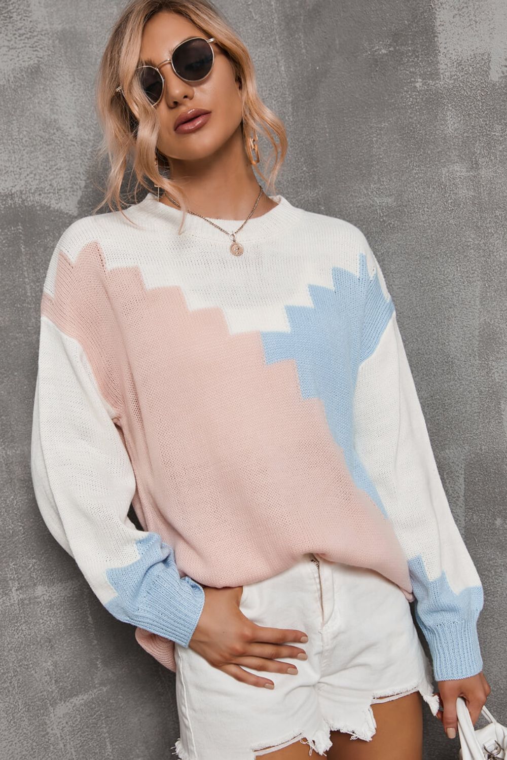 Color Block Dropped Shoulder Knit Pullover  Shirts & Tops- Doll Fits