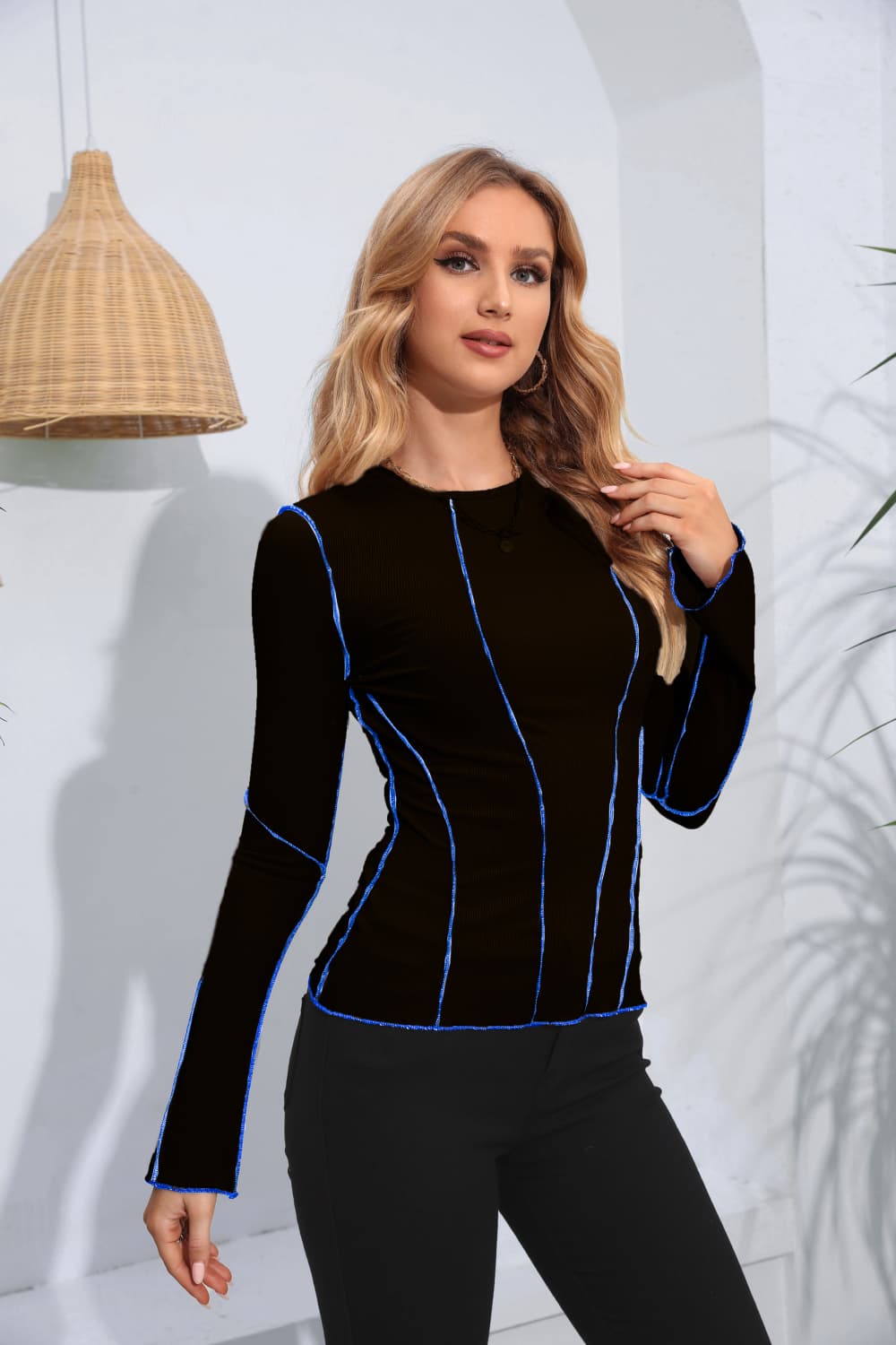 Ribbed Round Neck Long Sleeve Blouse  Shirts & Tops- Doll Fits