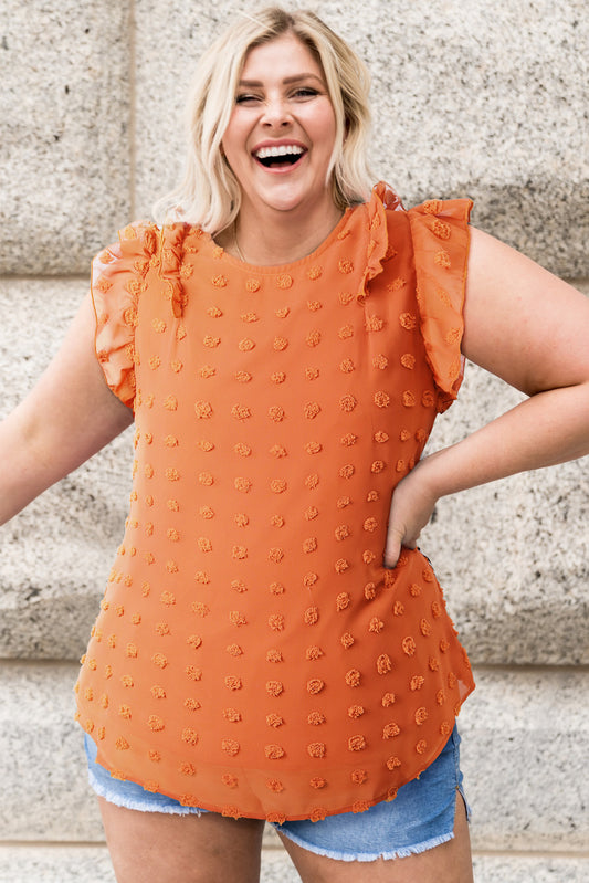 Plus Size Swiss Dot Ruffled Round Neck Blouse  Shirts & Tops- Doll Fits