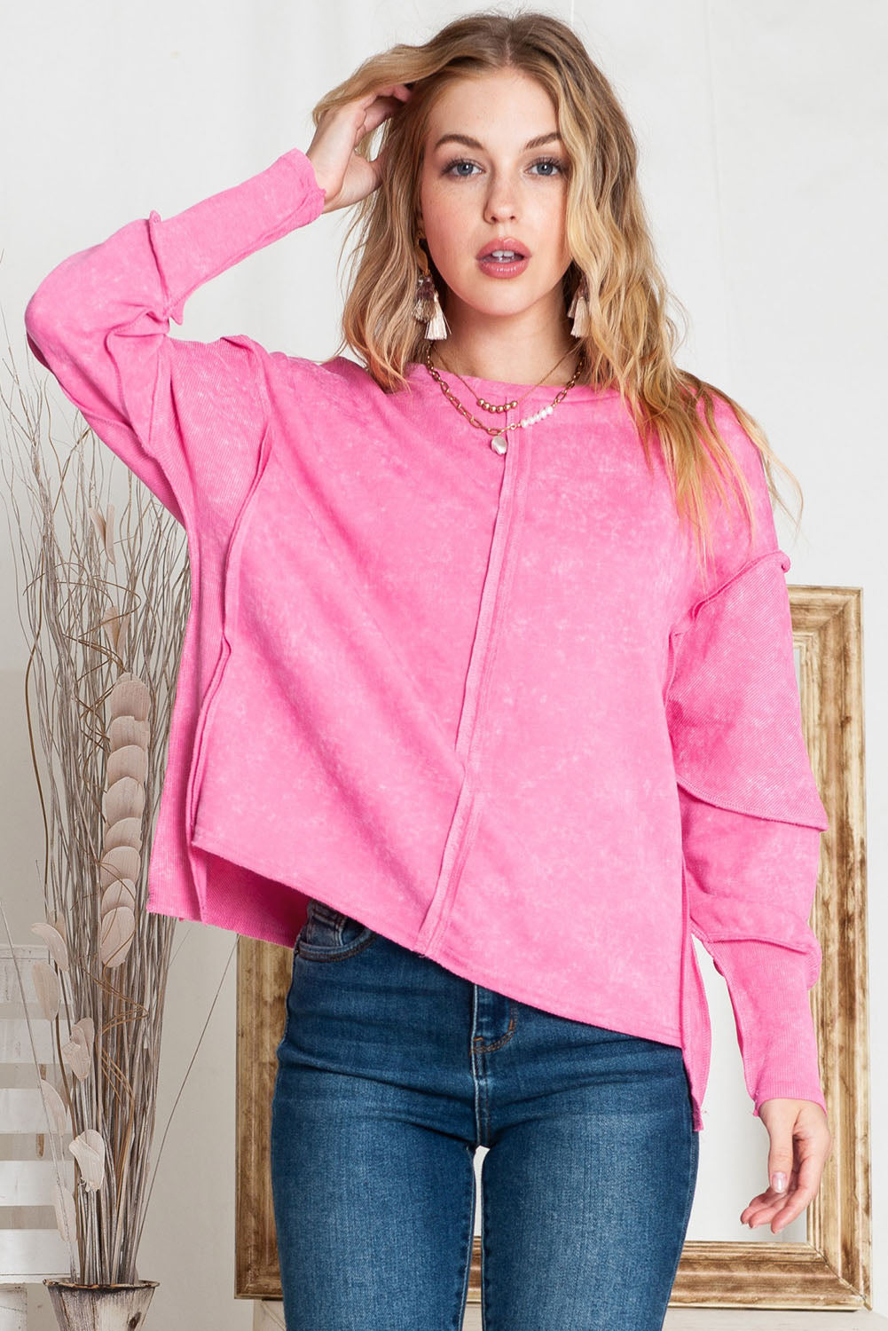 Exposed Seams Round Neck Dropped Shoulder Sweatshirt  - Doll Fits
