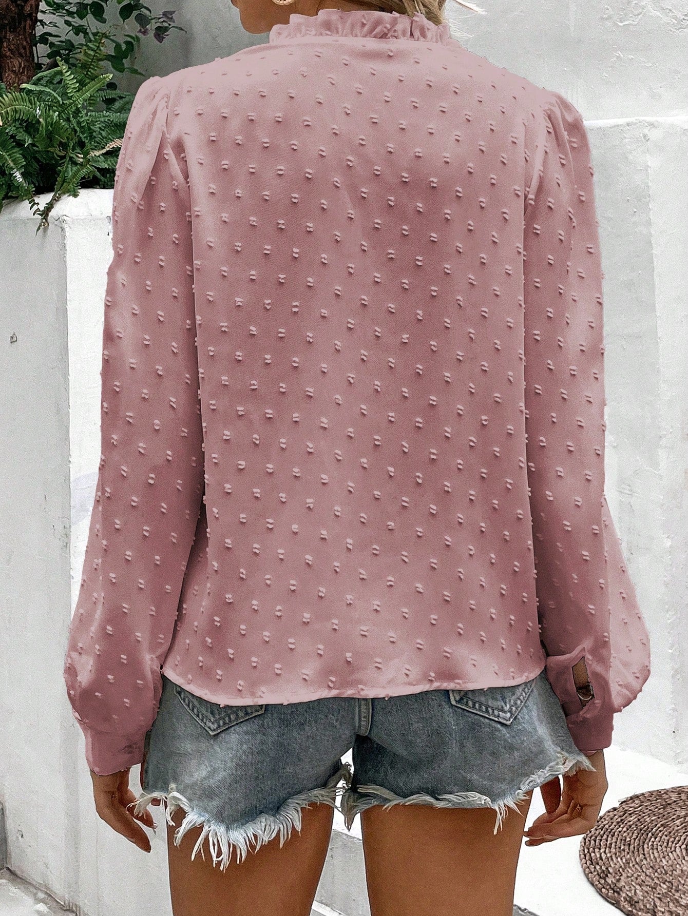 Double Take Swiss Dot Lace Trim Long Sleeve Shirt  - Doll Fits