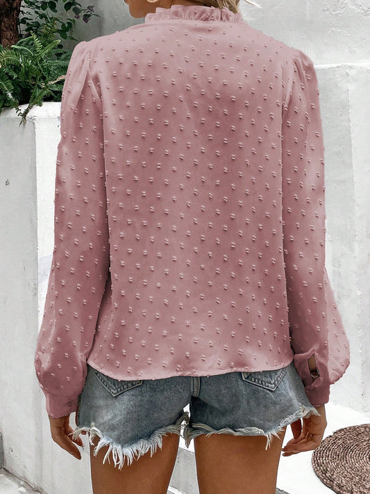Double Take Swiss Dot Lace Trim Long Sleeve Shirt  - Doll Fits