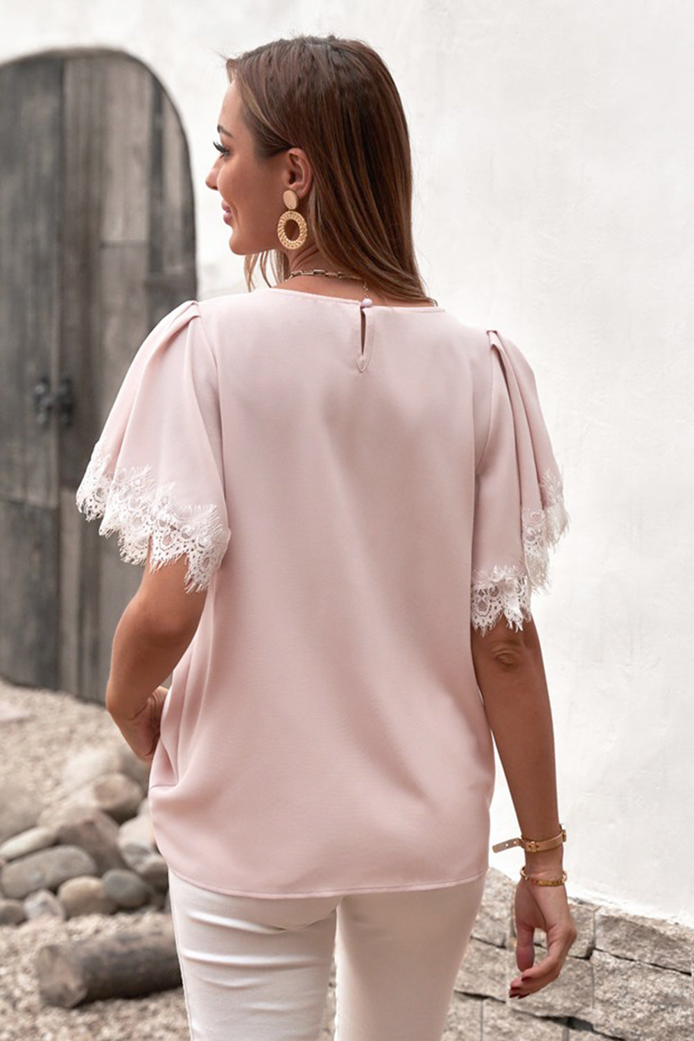 Lace Trim Flutter Sleeve Blouse  Shirts & Tops- Doll Fits