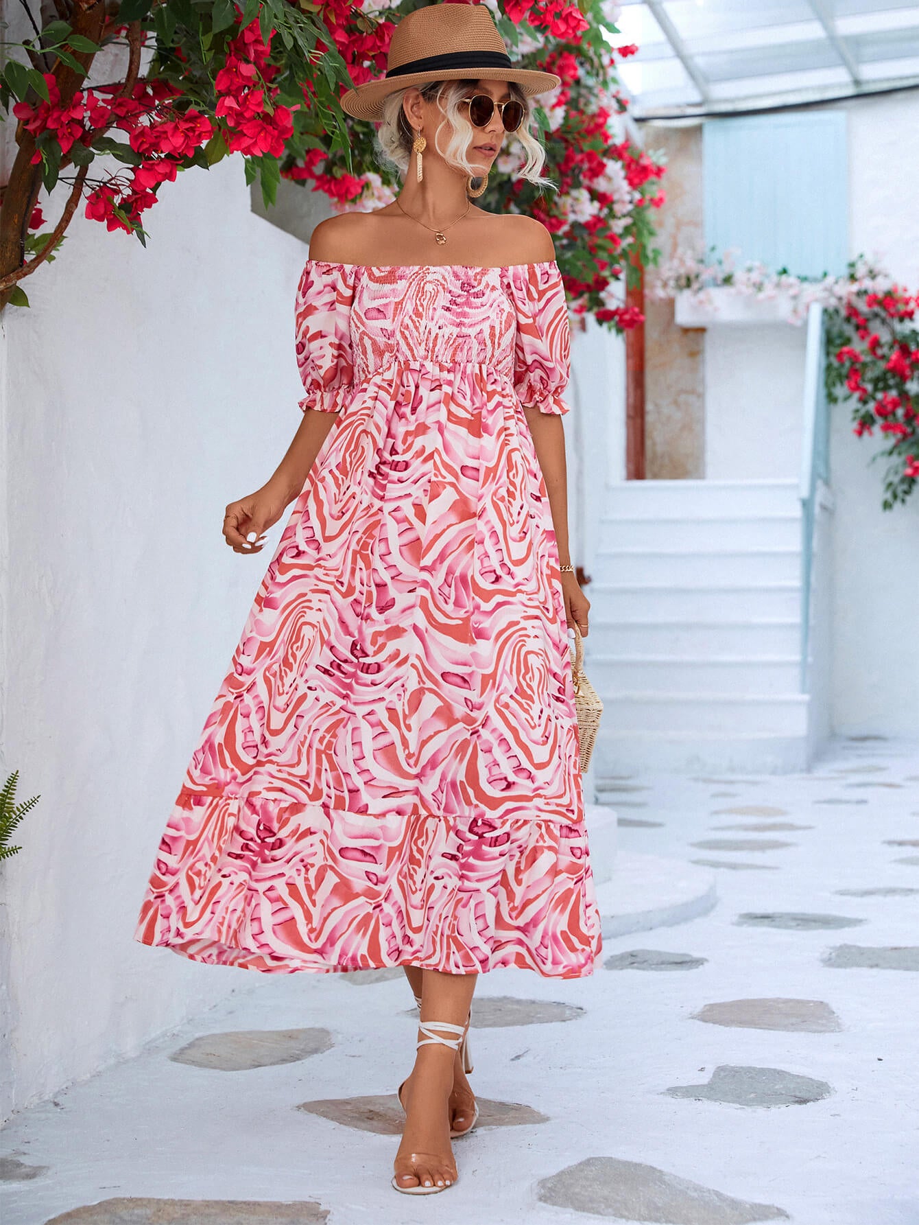 Floral Smocked Flounce Sleeve Midi Dress  Dresses- Doll Fits