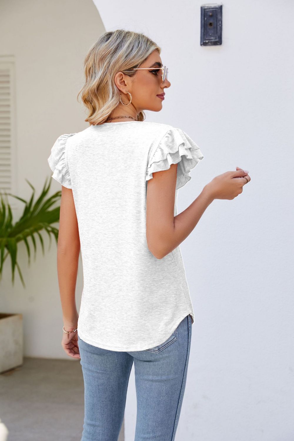 Smocked Flutter Sleeve V-Neck Top  Shirts & Tops- Doll Fits