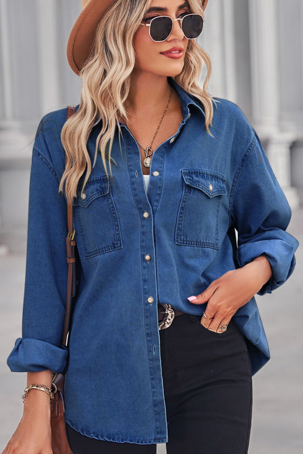 Collared Neck Dropped Shoulder Denim Top  Shirts & Tops- Doll Fits
