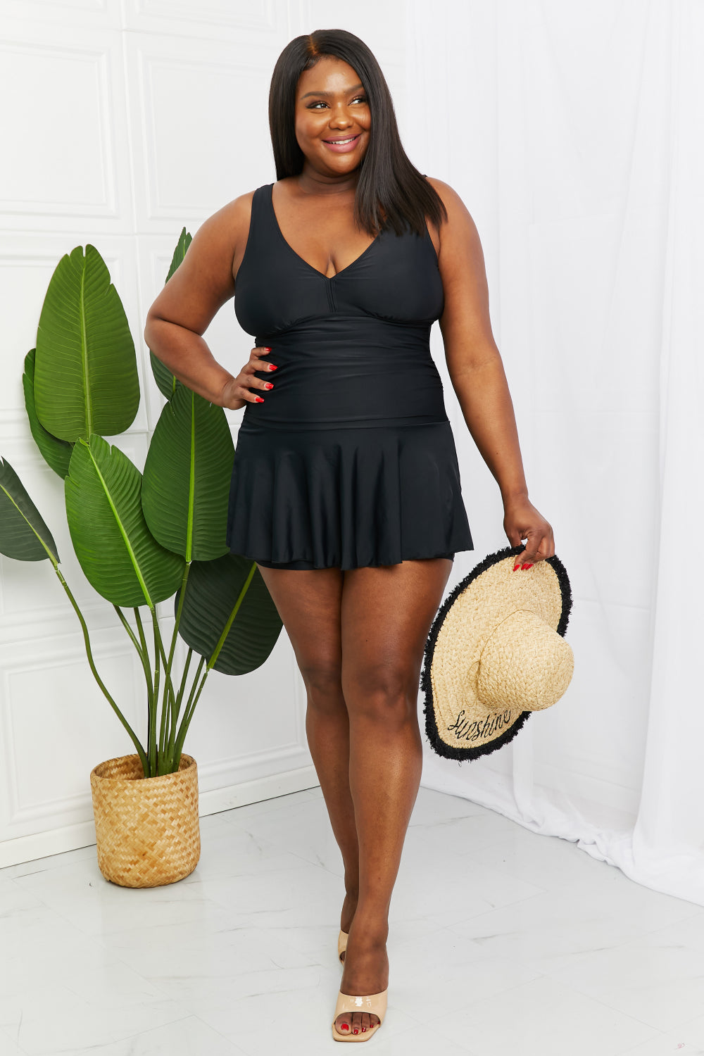 Marina West Swim Full Size Clear Waters Swim Dress in Black  Swimwear- Doll Fits