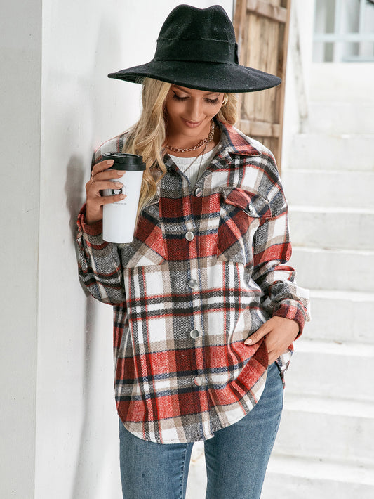 Meet You Outside Plaid Button Down Curved Hem Shacket  - Doll Fits