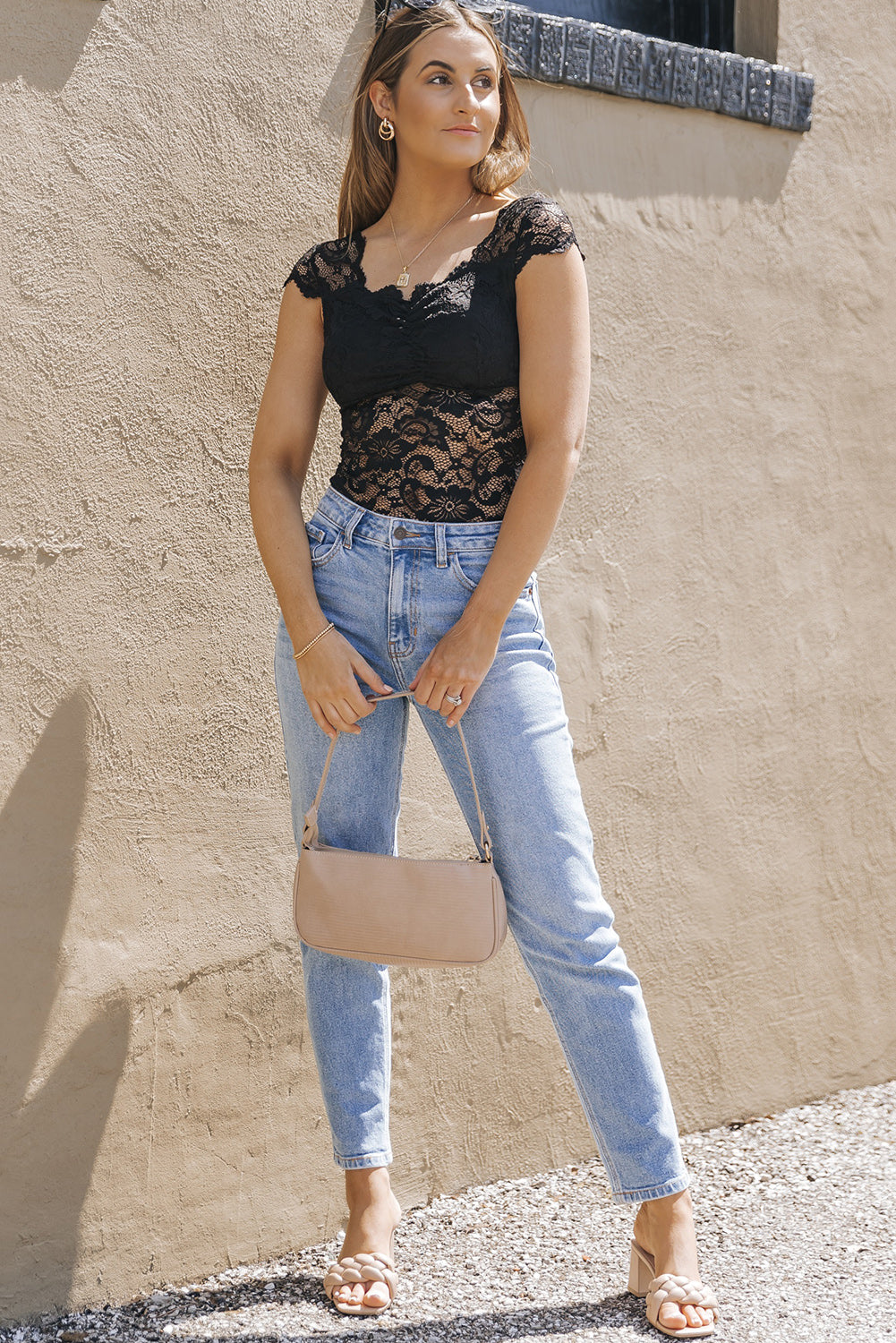 Ruched Sweetheart Neck Lace Bodysuit  Shirts & Tops- Doll Fits