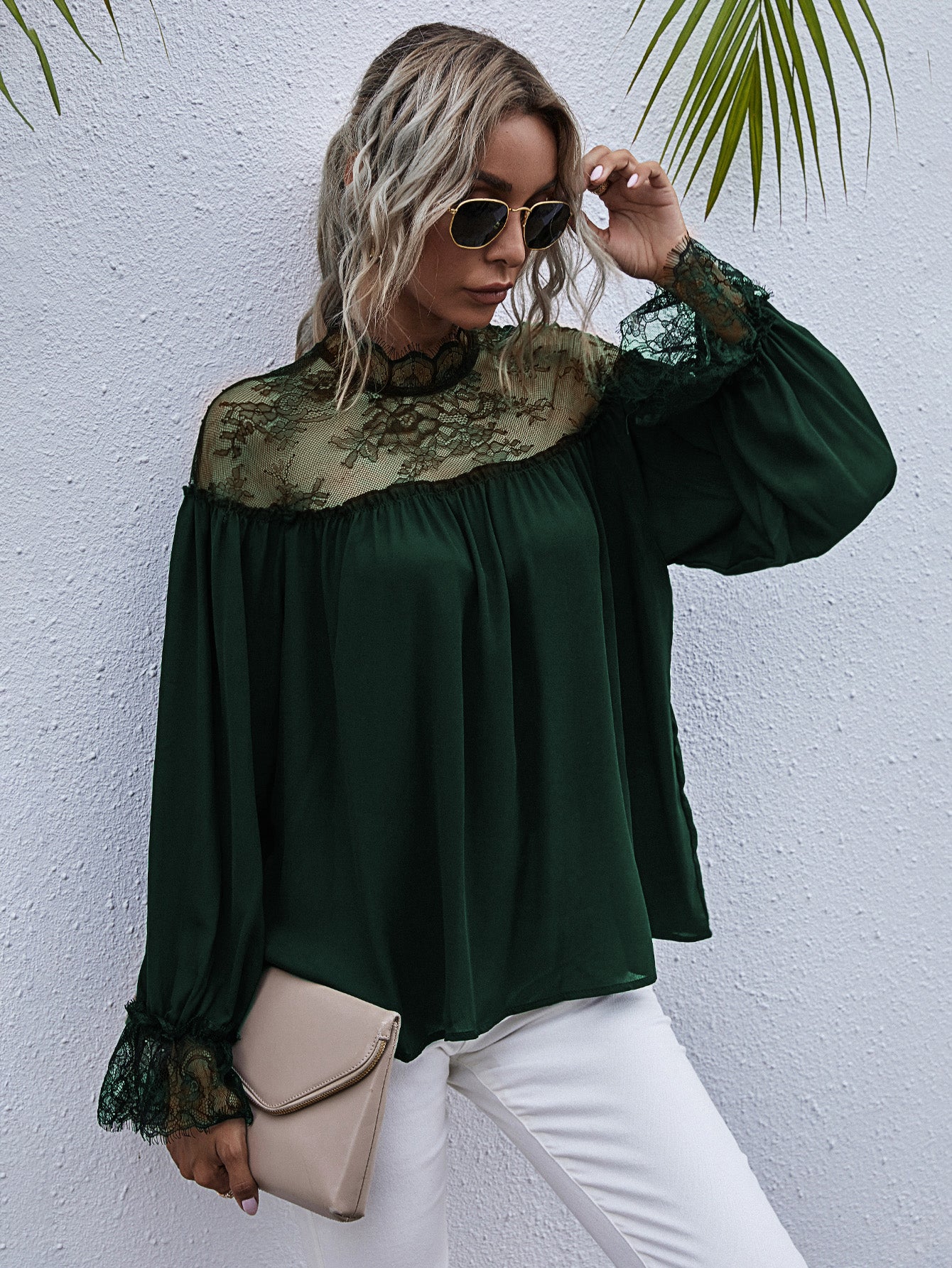Semi-Sheer Lace Trim Mock Neck Blouse  - Doll Fits
