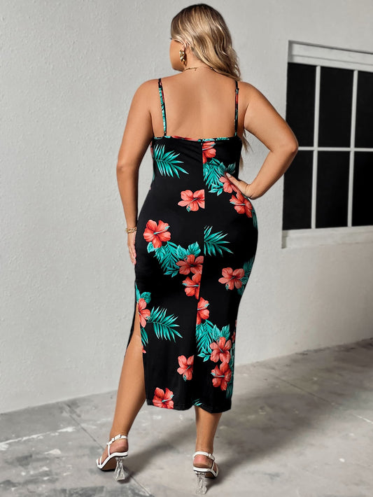 Plus Size Floral Spaghetti Strap Ruffled Slit Dress  Dresses- Doll Fits