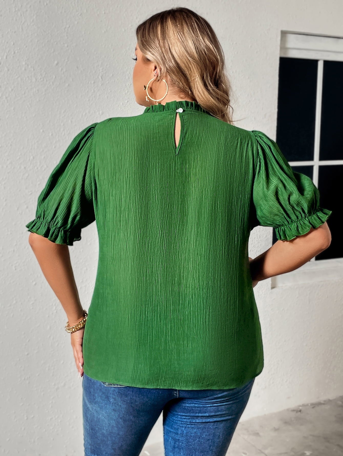 Plus Size Round Neck Flounce Sleeve Blouse  Shirts & Tops- Doll Fits
