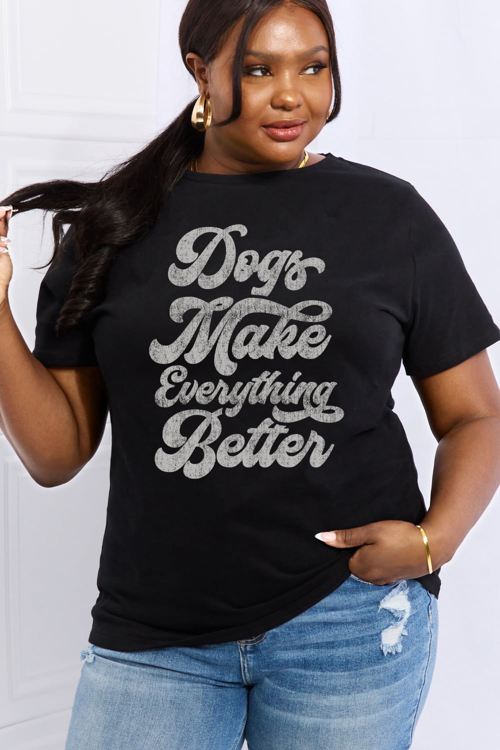 Simply Love Full Size DOGS MAKE EVERTHING BETTER Graphic Cotton Tee  - Doll Fits