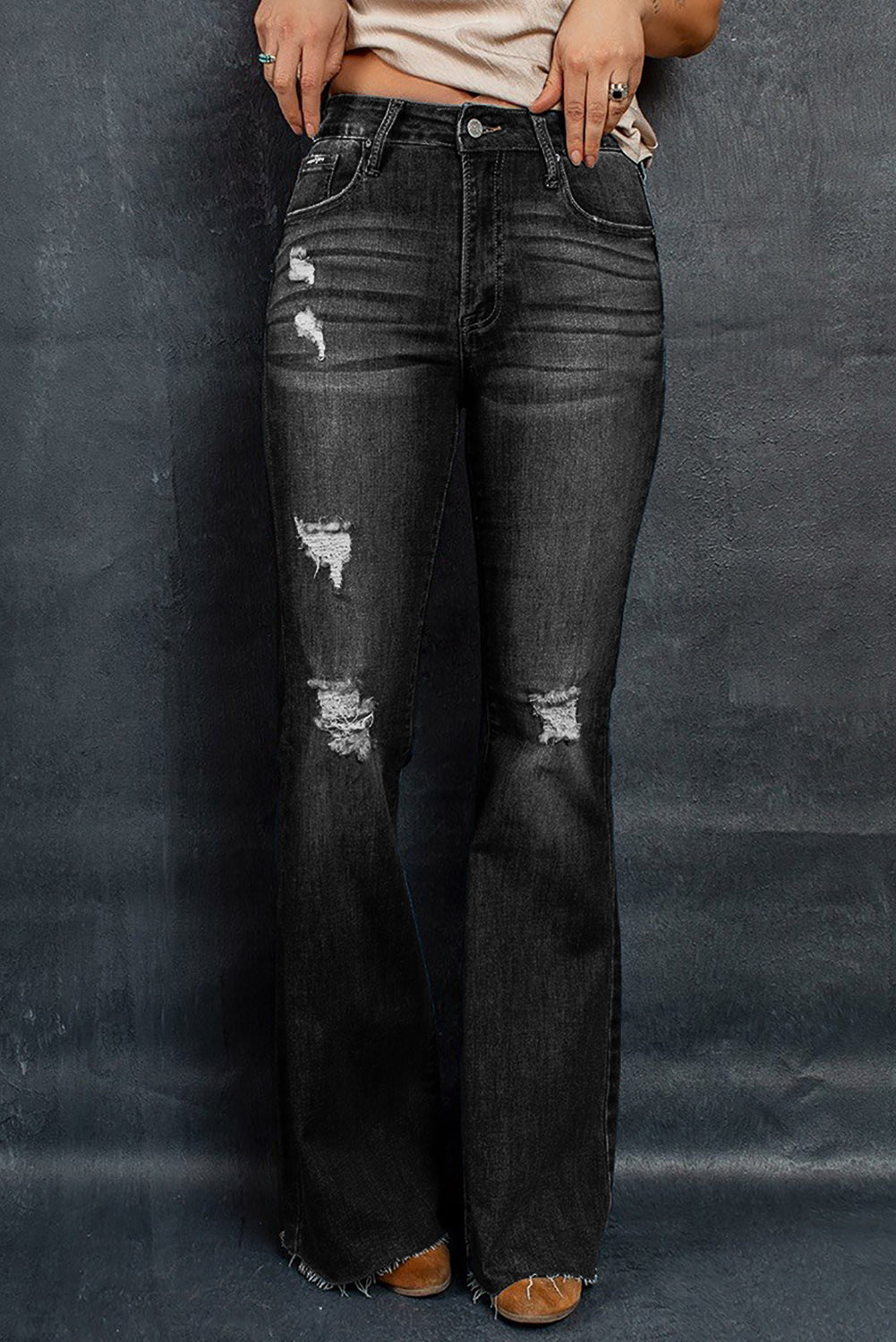 Distressed Raw Hem Flare Jeans  Pants- Doll Fits