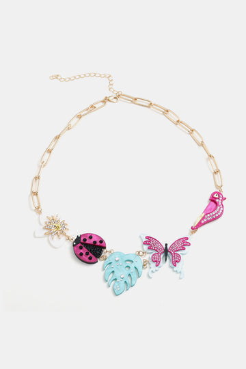 Rhinestone Decor Multi-Charm Copper Necklace  Necklaces- Doll Fits