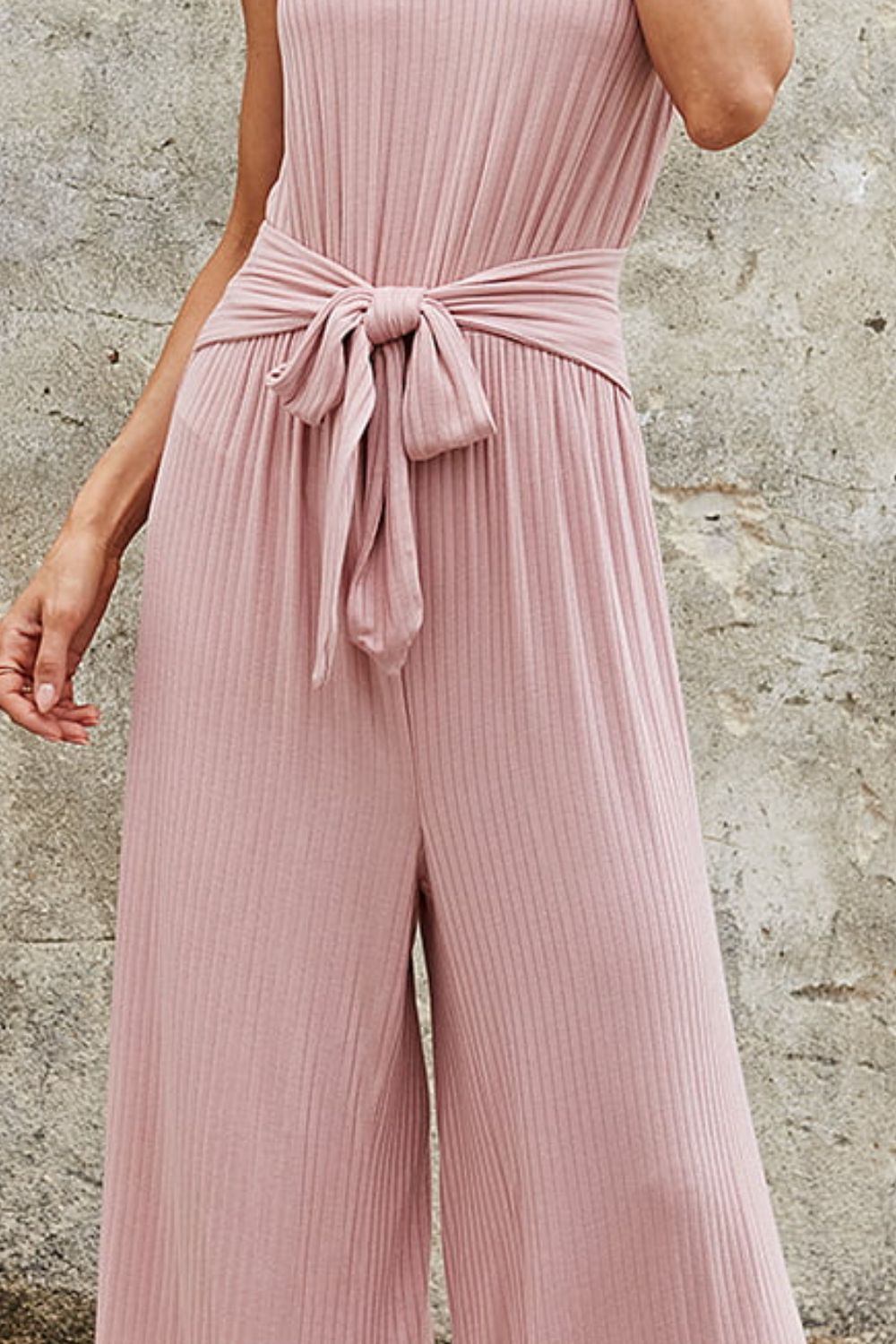 Ribbed Scoop Neck Tie Waist Sleeveless Jumpsuit  Jumpsuits & Rompers- Doll Fits