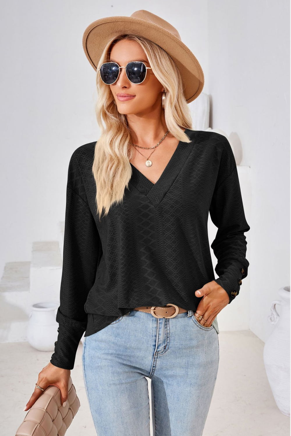 V-Neck Long Sleeve Blouse  - Doll Fits