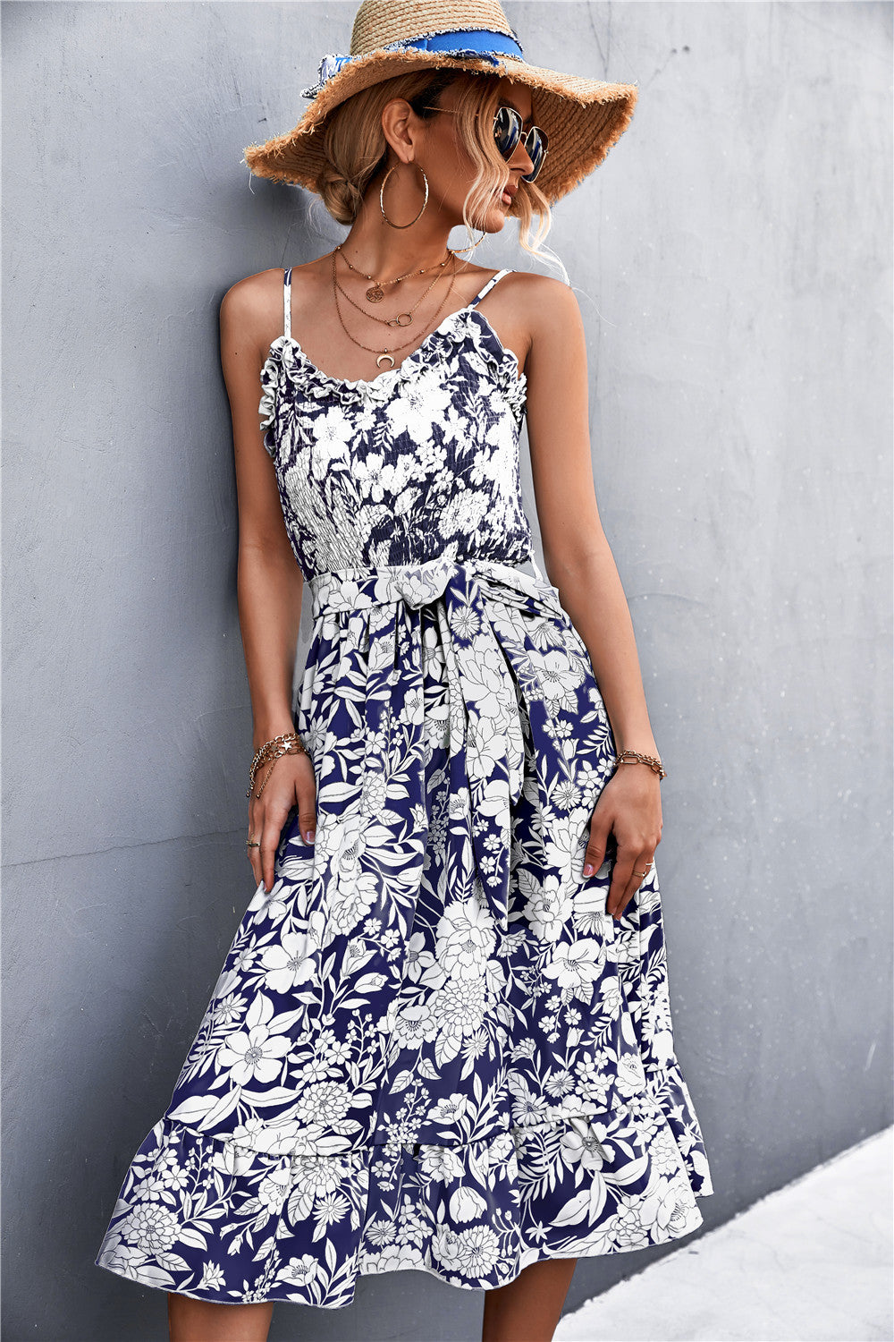 Floral Frill Trim Scoop Neck Spaghetti Strap Dress  Dresses- Doll Fits