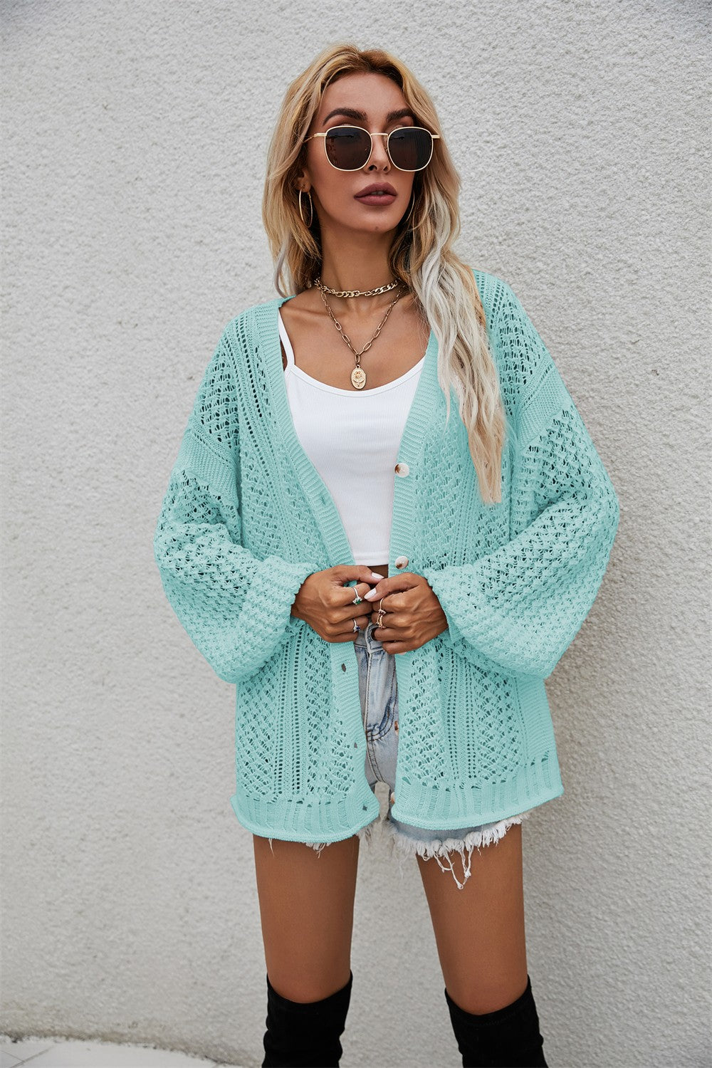 Openwork V-Neck Dropped Shoulder Cardigan  Coats & Jackets- Doll Fits