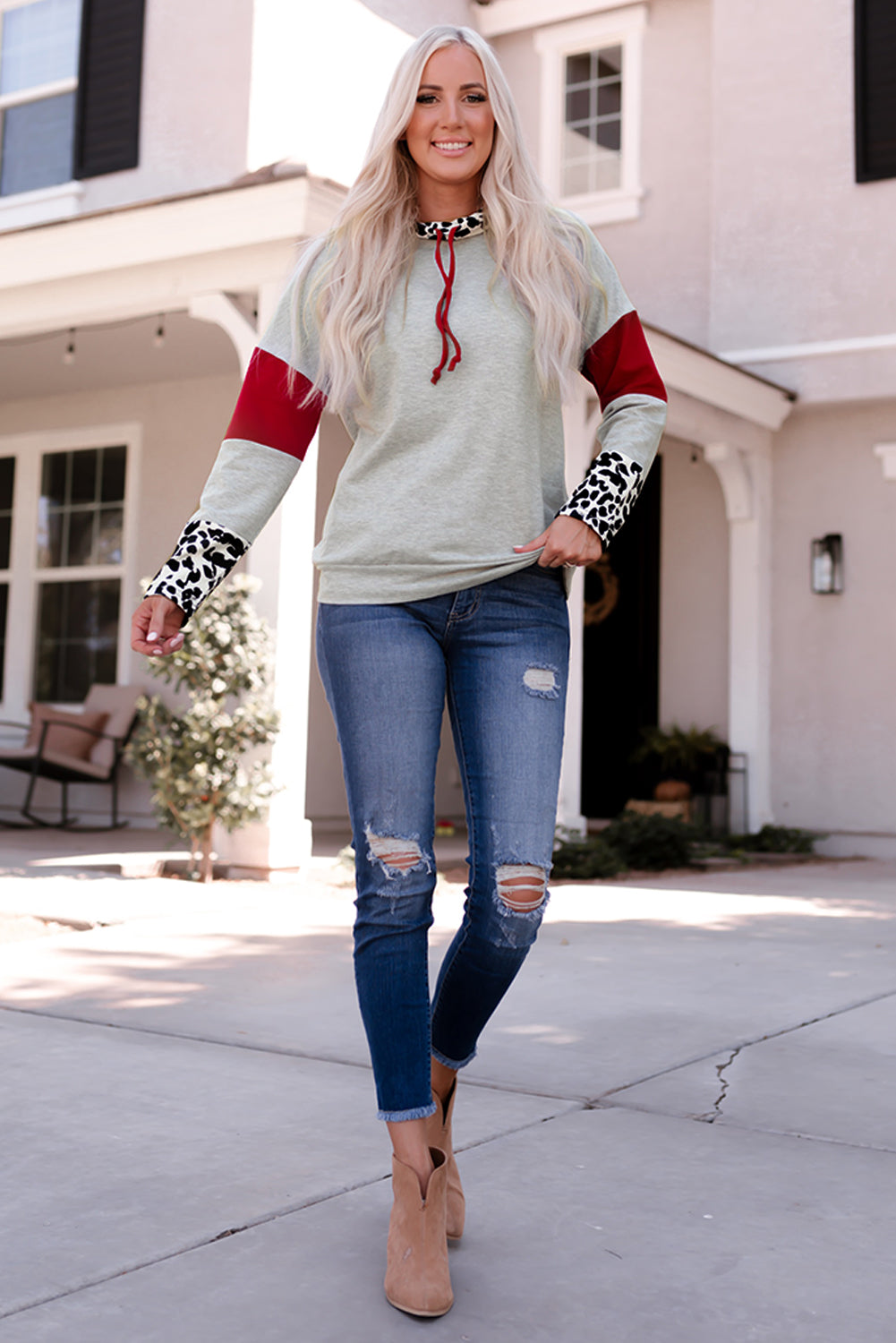 Leopard Color Block Drawstring Detail Sweatshirt  Shirts & Tops- Doll Fits