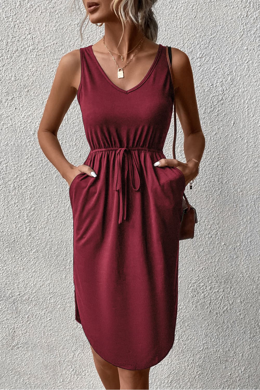 V-Neck Curved Hem Sleeveless Dress  Dresses- Doll Fits