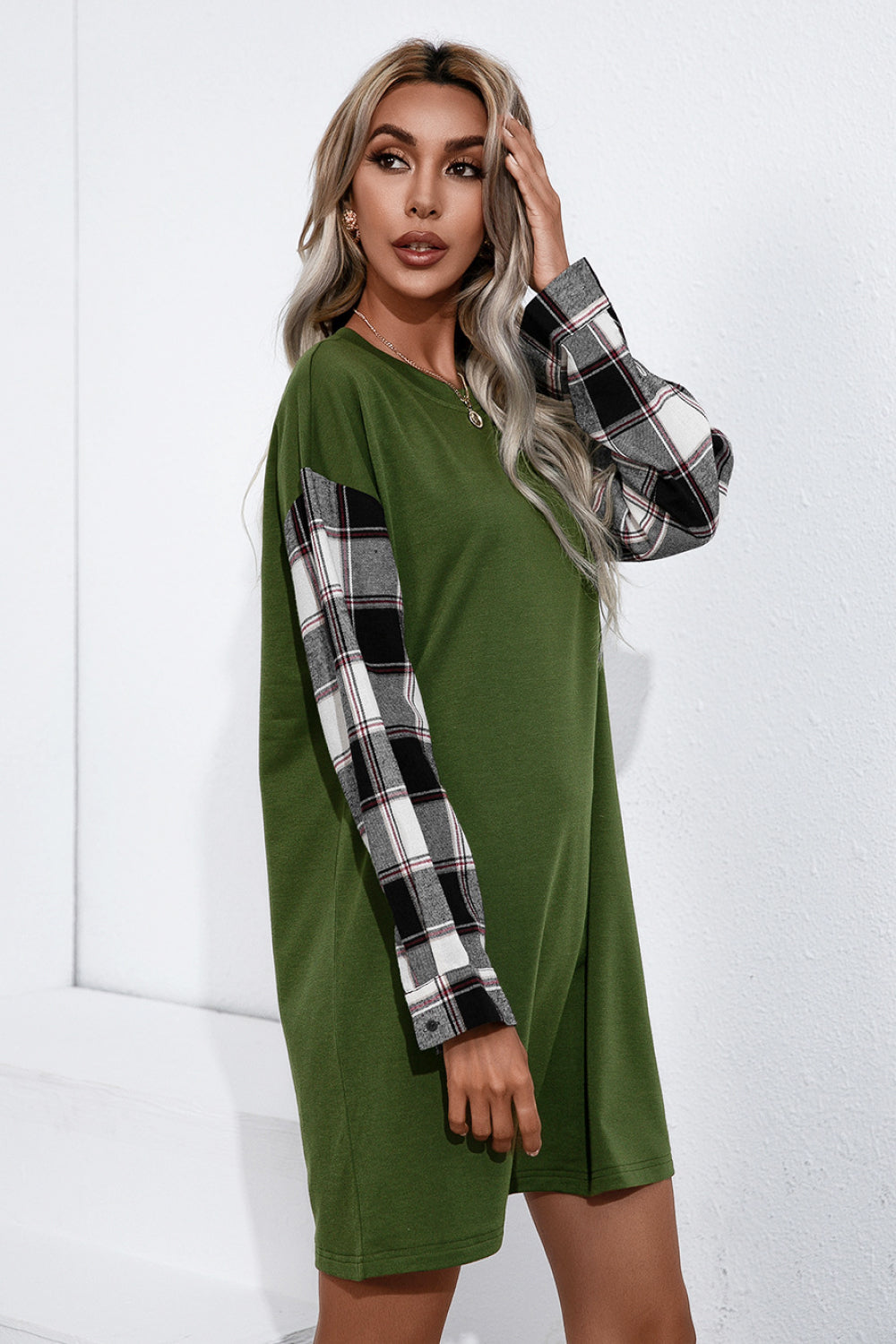 Palmer Plaid Sleeve Contrast T-Shirt Dress  Dresses- Doll Fits