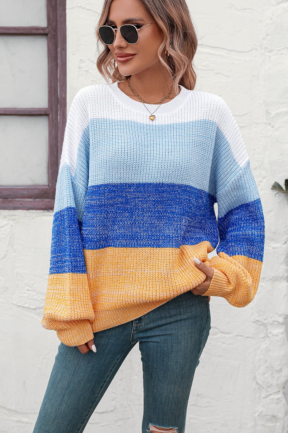 Round Neck Color Block Ribbed Pullover Sweater  Shirts & Tops- Doll Fits
