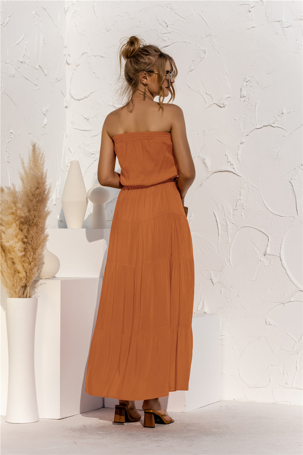 Strapless Tie Waist Tiered Maxi Dress  Dresses- Doll Fits