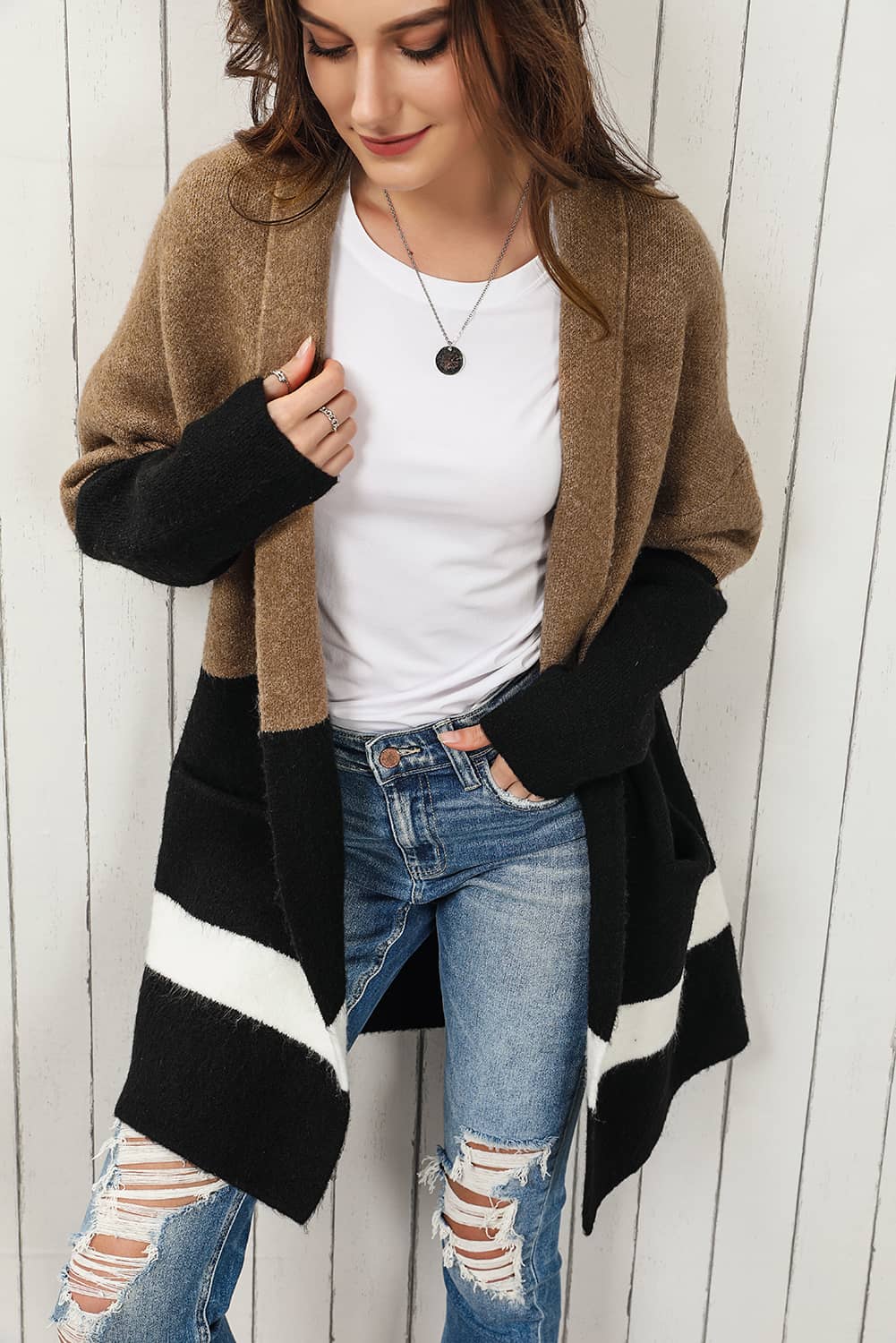 Color Block Dropped Shoulder Longline Cardigan  - Doll Fits