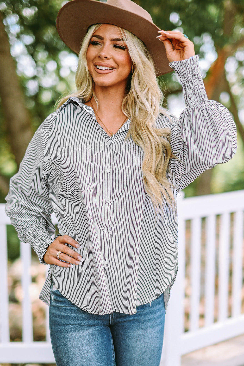 Striped Lantern Sleeve Collared Shirt  Shirts & Tops- Doll Fits