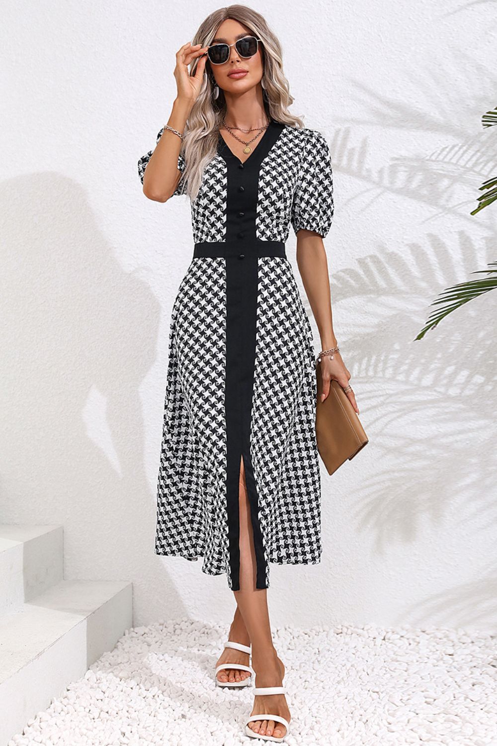 Printed Decorative Button V-Neck Slit Dress  Dresses- Doll Fits