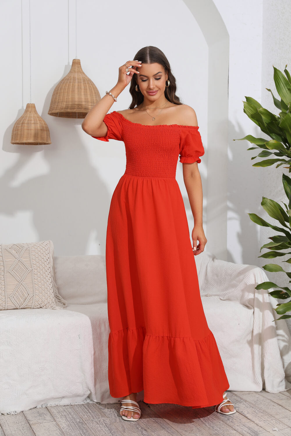 Smocked Off-Shoulder Maxi Dress  Dresses- Doll Fits