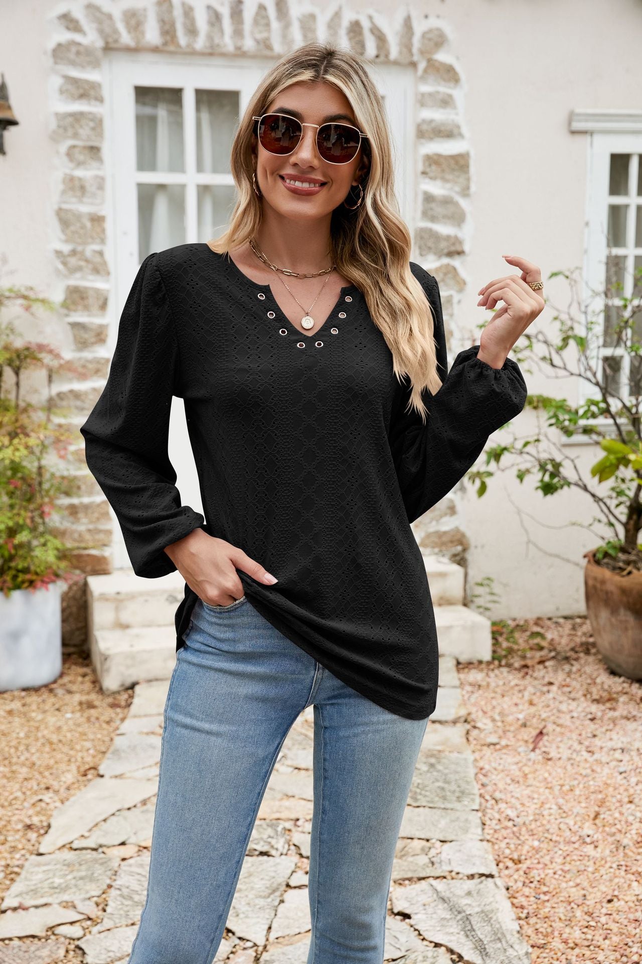 Eyelet Notched Neck Balloon Sleeve Blouse  Shirts & Tops- Doll Fits