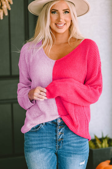 Contrast Color V-Neck Long Sleeve Pullover Sweater  - Doll Fits