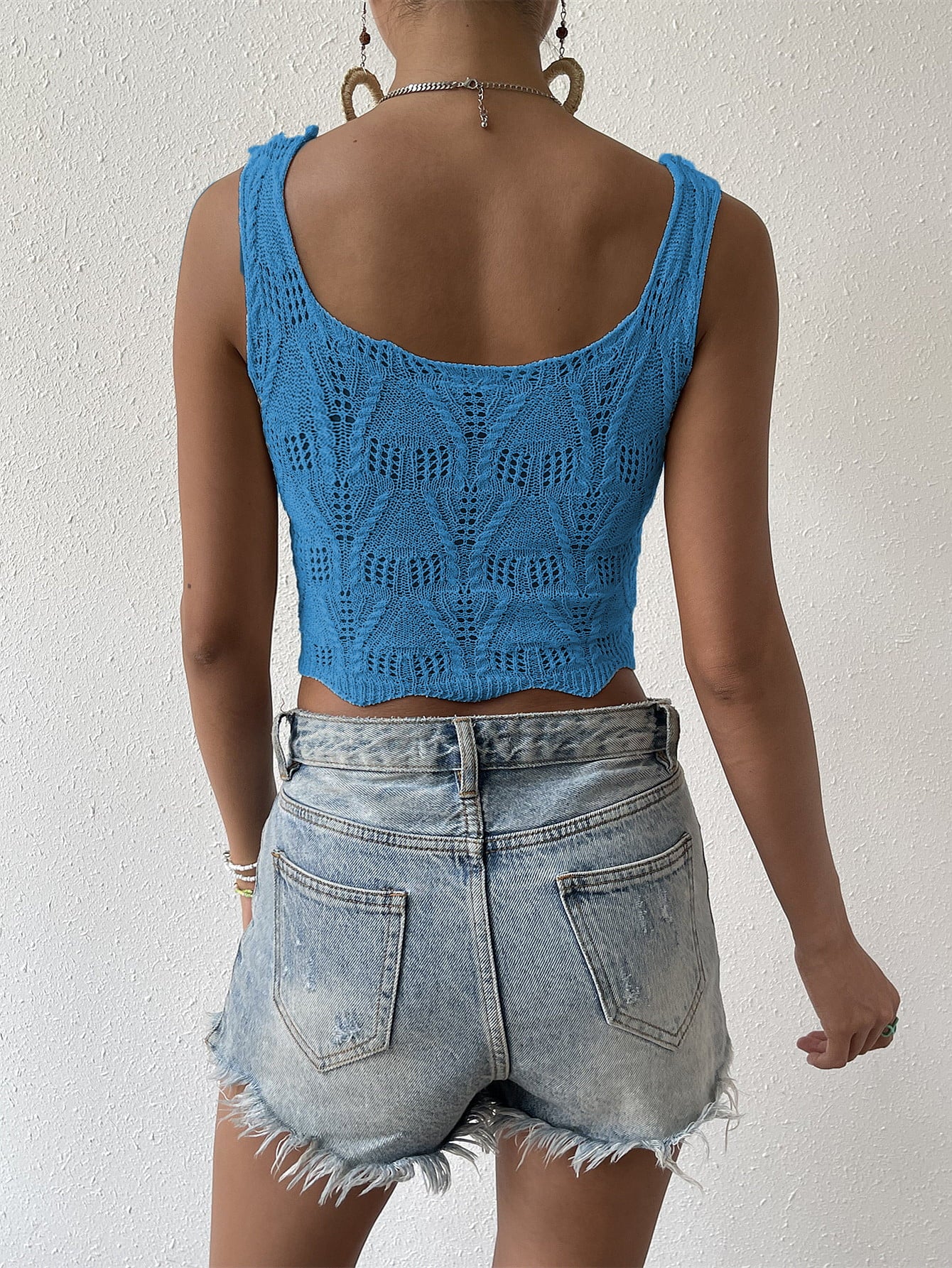 Openwork Hem Detail Cropped Knit Tank  Shirts & Tops- Doll Fits