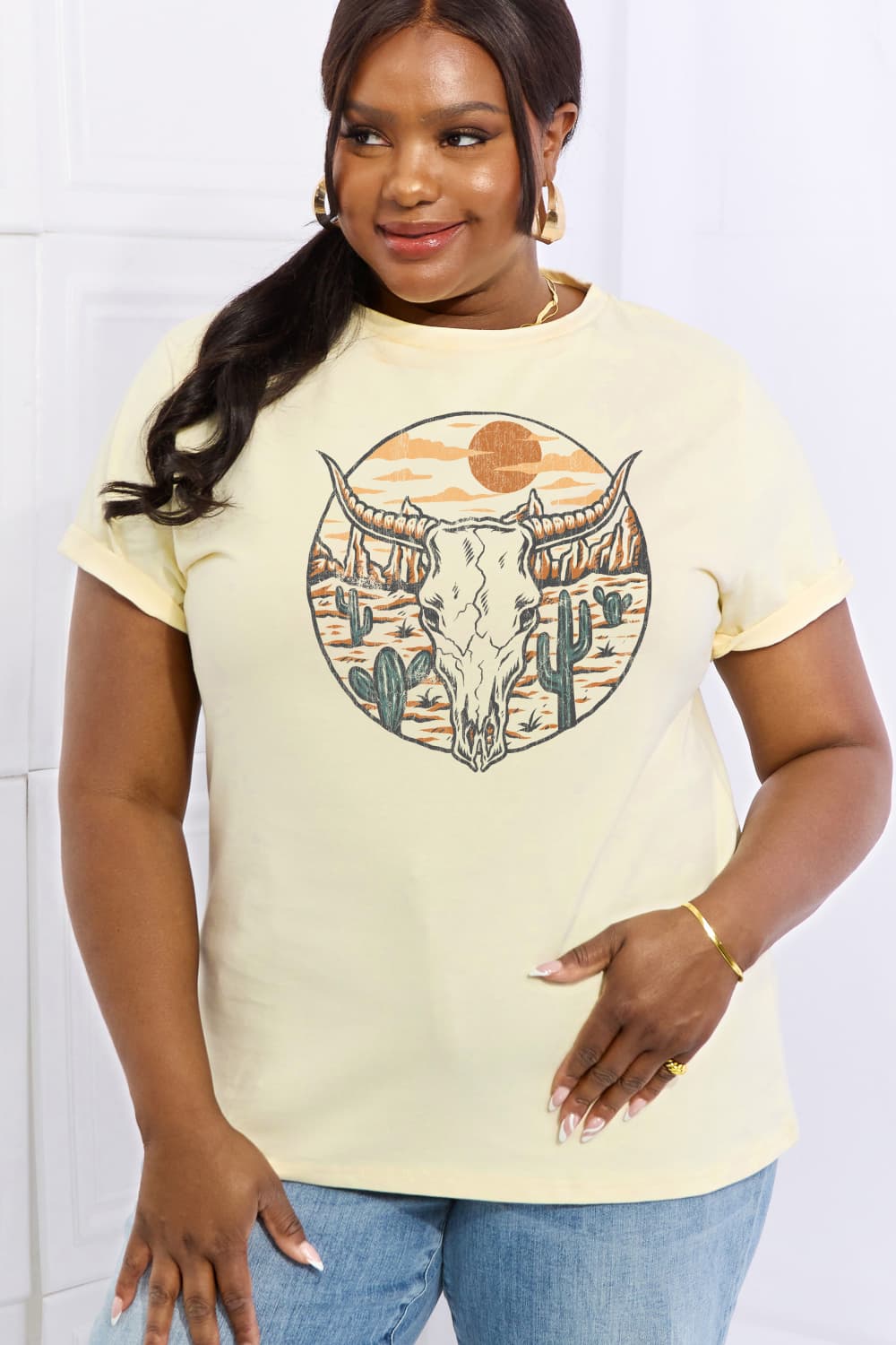 Simply Love Full Size Bull Cactus Graphic Cotton Tee  - Doll Fits