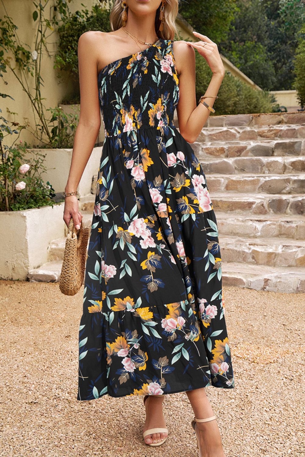 Floral One-Shoulder Sleeveless Dress with Pockets  Dresses- Doll Fits