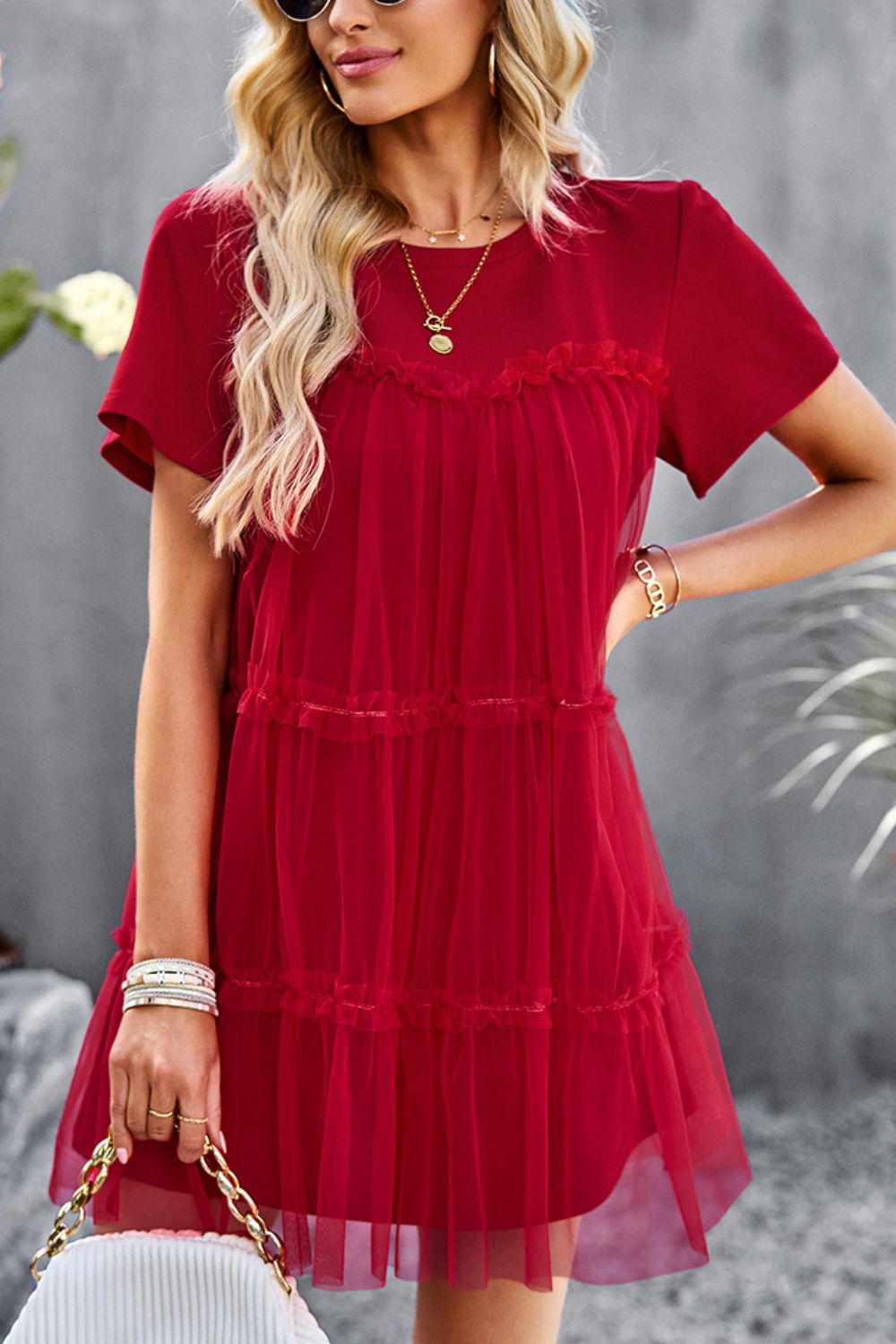 Frill Trim Spliced Mesh Mini Dress  Dresses- Doll Fits