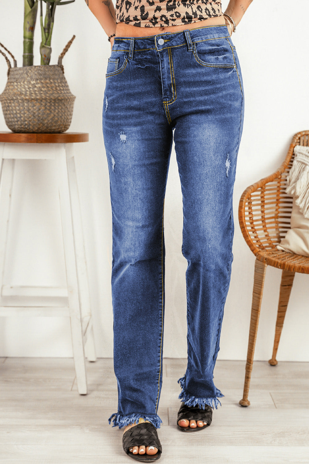 Ripped Frayed Hem Jeans  Pants- Doll Fits