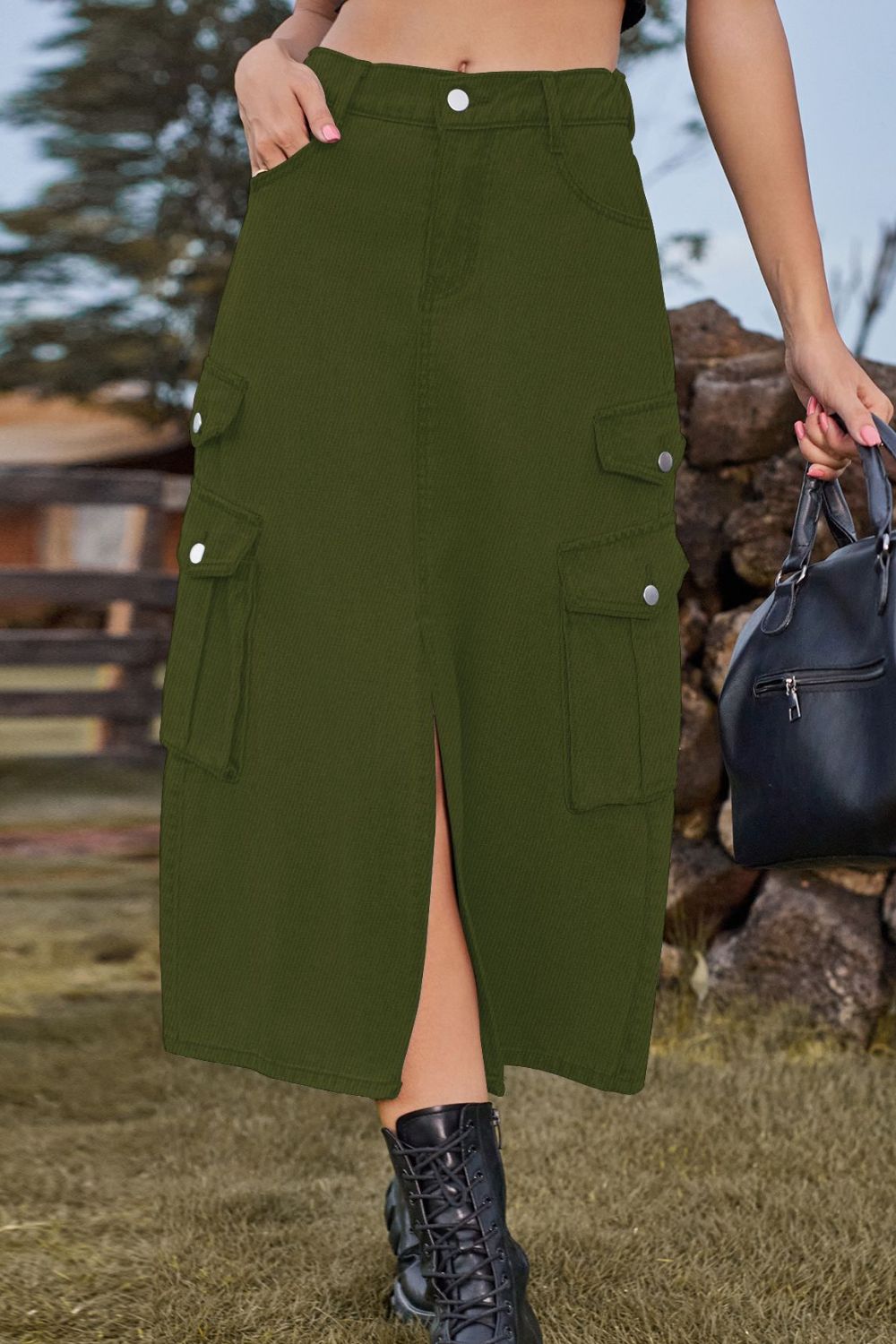 Slit Front Midi Denim Skirt with Pockets  Skirts- Doll Fits