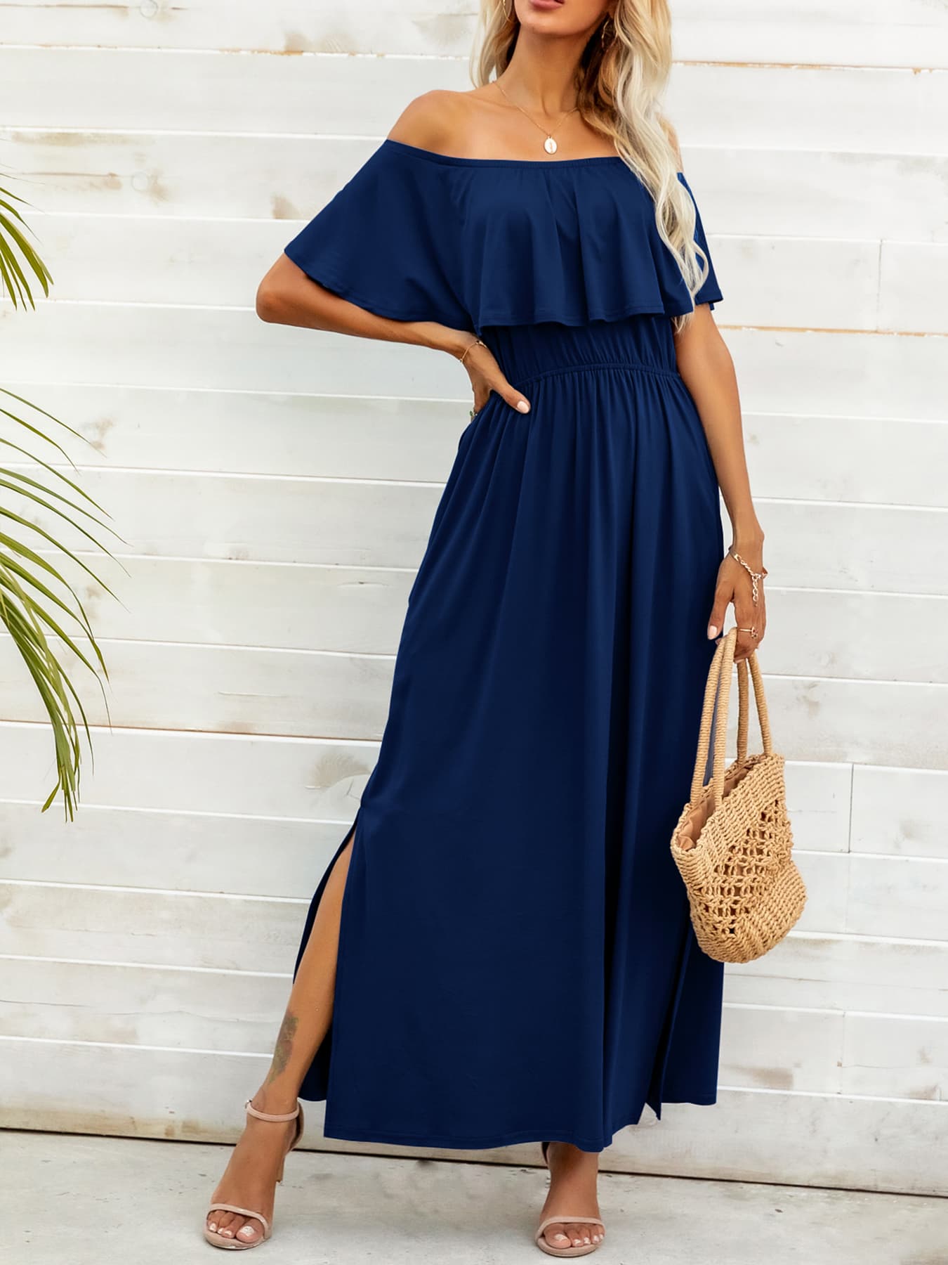Off-Shoulder Slit Maxi Dress  Dresses- Doll Fits