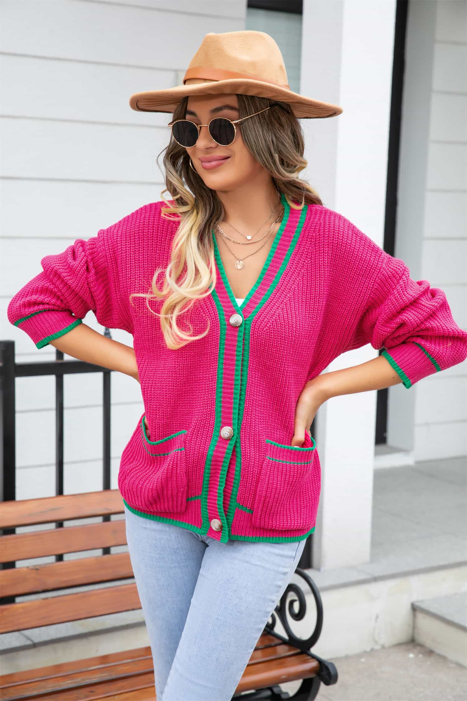 Waffle Knit V-Neck Cardigan with Pocket  - Doll Fits