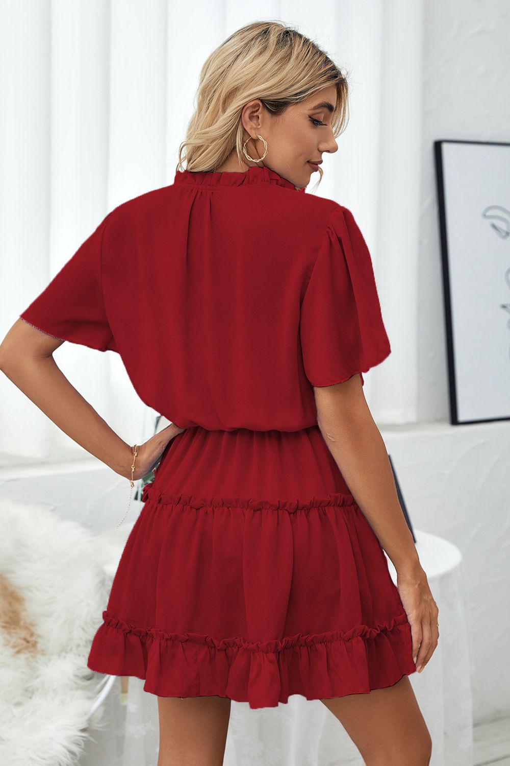 Tie Neck Frill Trim Short Sleeve Mini Dress  Dresses- Doll Fits