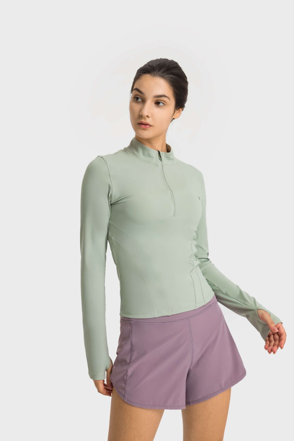 Half Zip Thumbhole Sleeve Sports Top  Activewear- Doll Fits