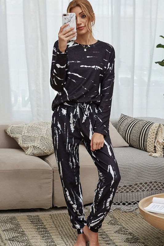 Tie-Dye Round Neck Top and Drawstring Waist Joggers Lounge Set  Outfit Sets- Doll Fits