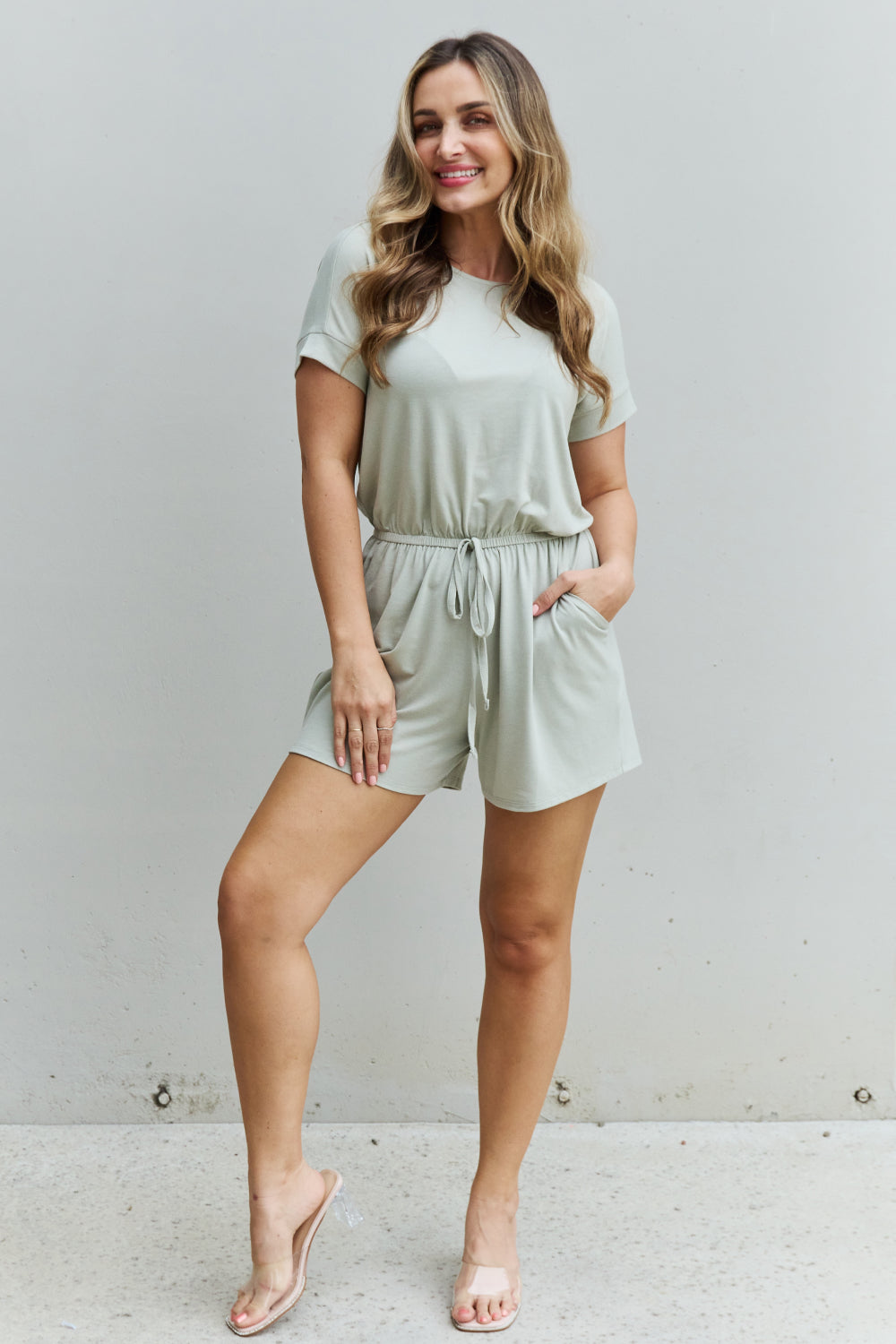 Zenana Chilled Out Full Size Short Sleeve Romper in Light Sage  Jumpsuits & Rompers- Doll Fits
