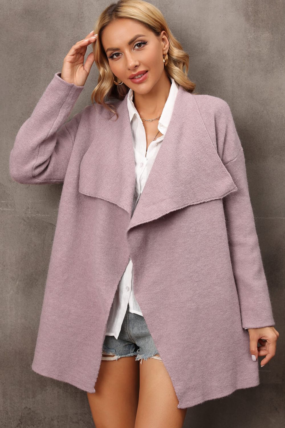 Waterfall Collar Longline Cardigan with Side Pockets  Coats & Jackets- Doll Fits