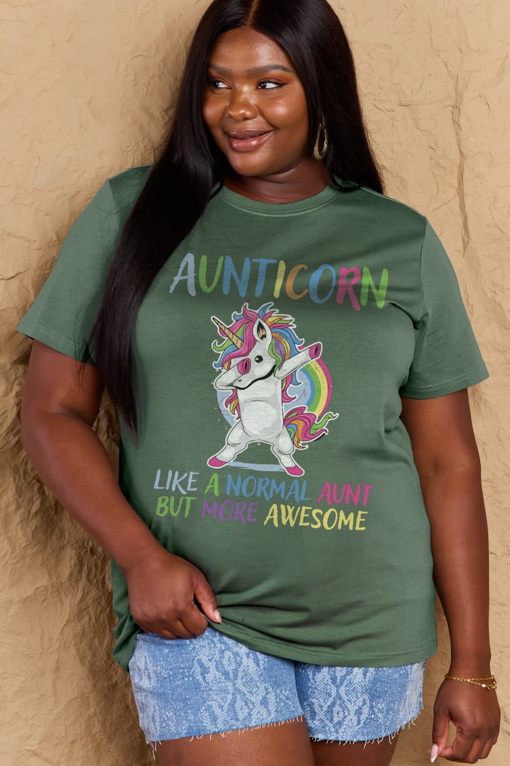 Simply Love Full Size AUNTICORN LIKE A NORMAL AUNT BUT MORE AWESOME Graphic Cotton Tee  - Doll Fits