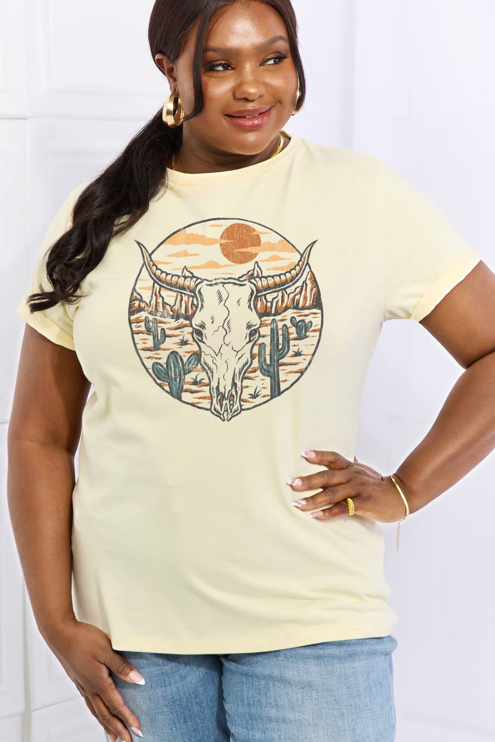 Simply Love Full Size Bull Cactus Graphic Cotton Tee  - Doll Fits