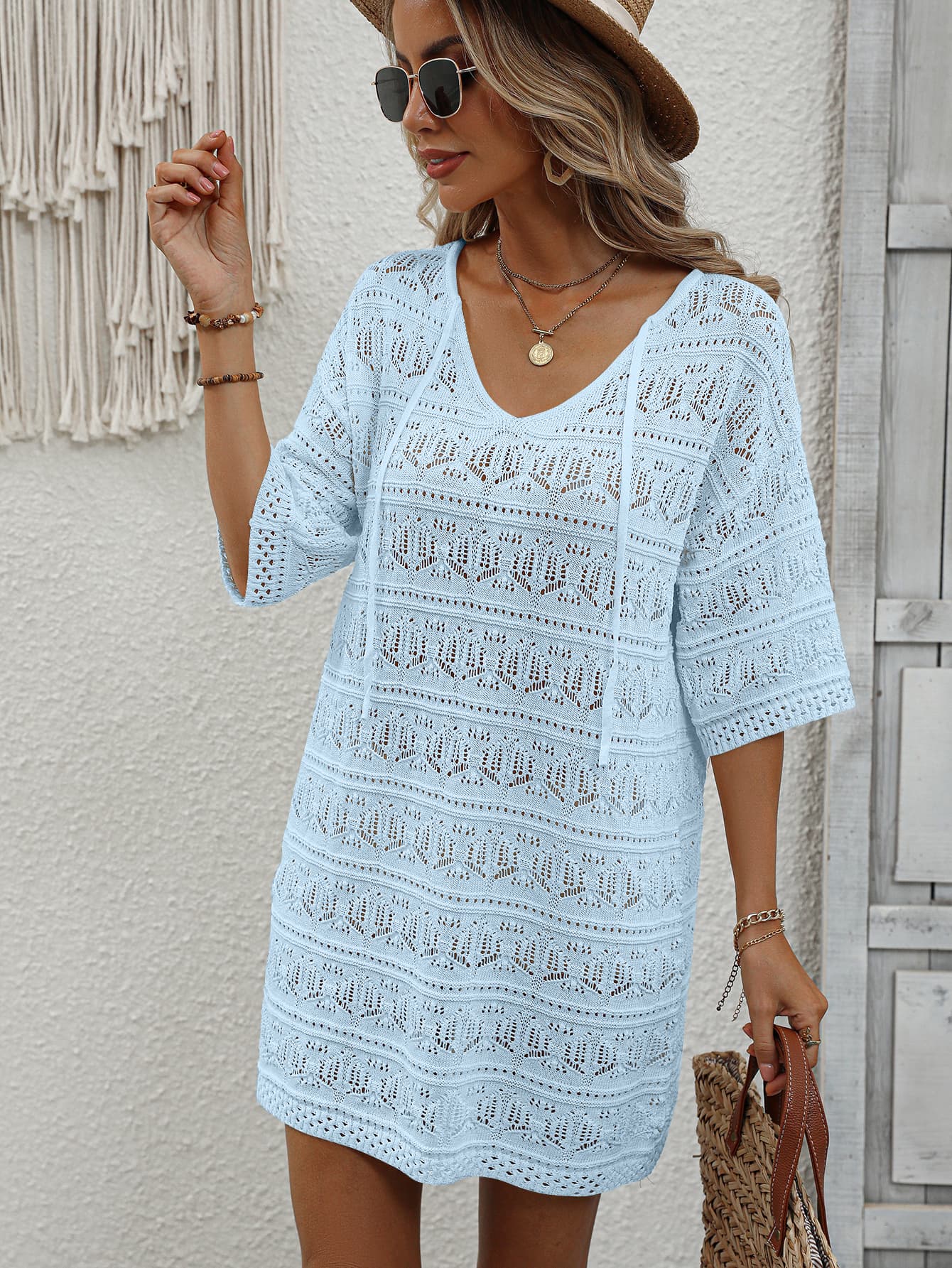 Openwork V-Neck Mini Knit Dress  Dresses- Doll Fits